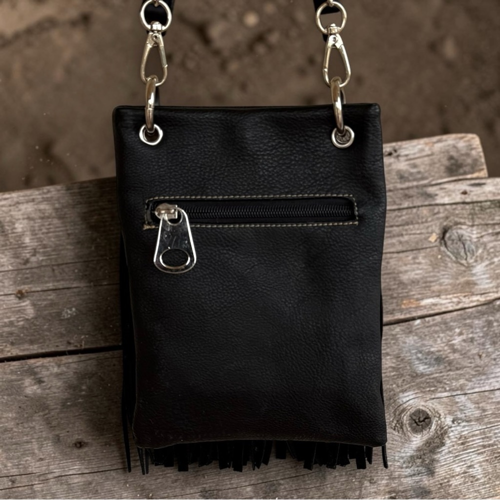 Western Fringe Crossbody Bag Black Silver Chain Rhinestone Studded Boho Purse - Picture 10 of 12
